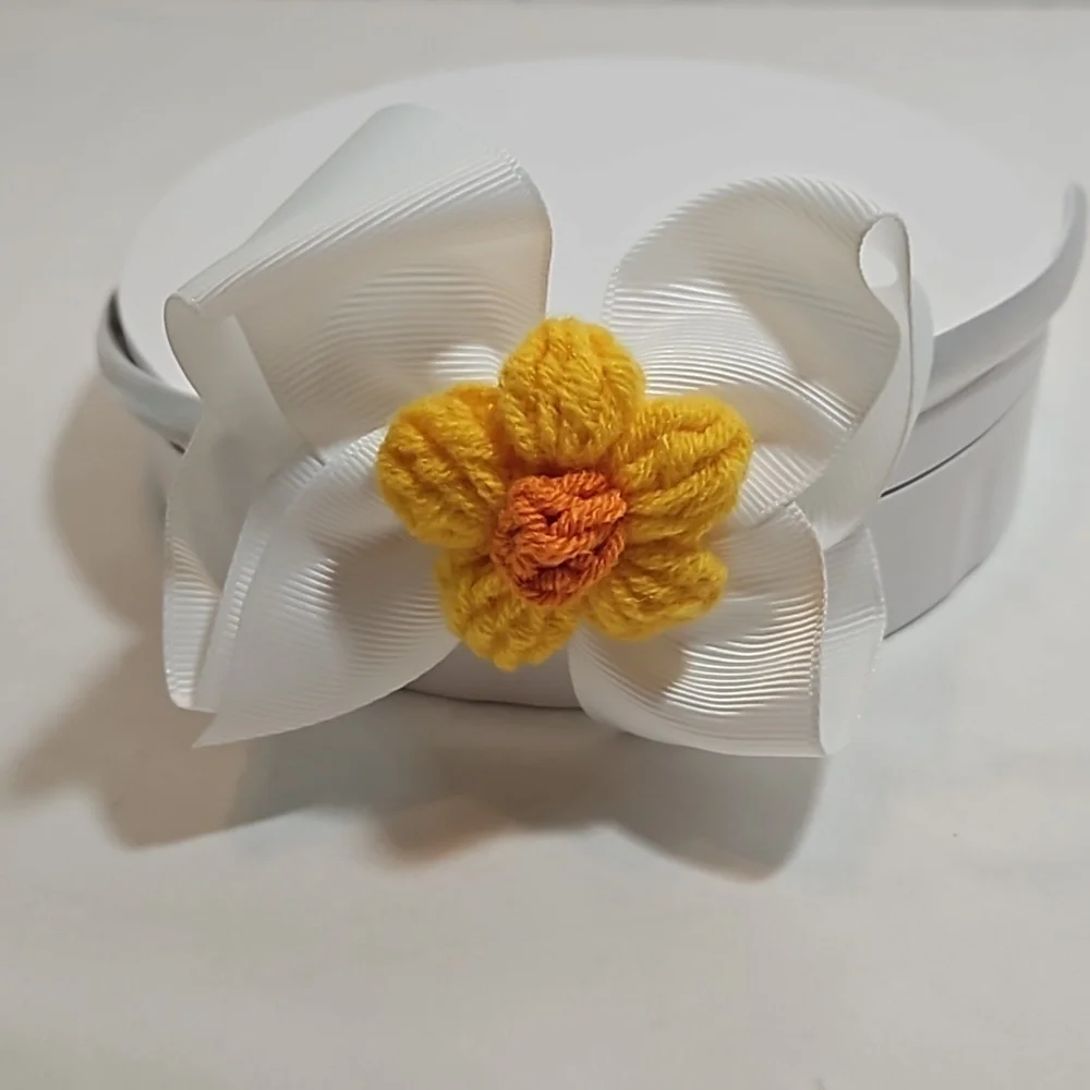 Hand Crafted White Bow Hairband Hand Knit Crochet Yellow Puffy Flower Coquette